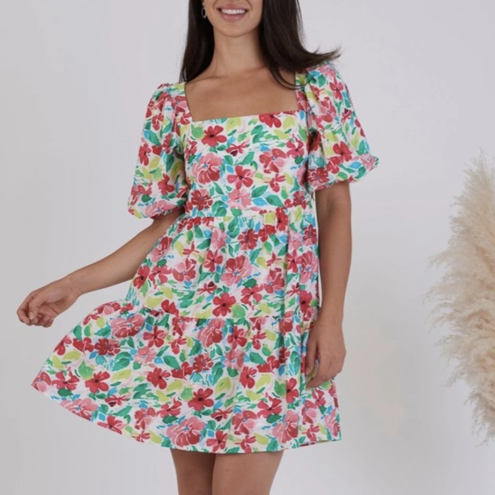 Skies Are Blue Floral Puff Sleeve Smocked Mini Dress